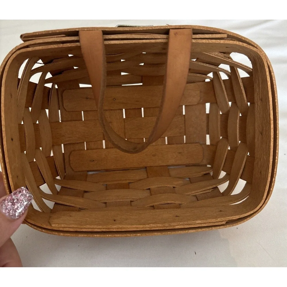 Longaberger Brown Wooden‎ Handwoven Leather Strap Hanging Basket 1995 Signed